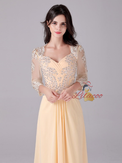 Yellow Chiffon Long Sleeve Mother Of The Bride Dress