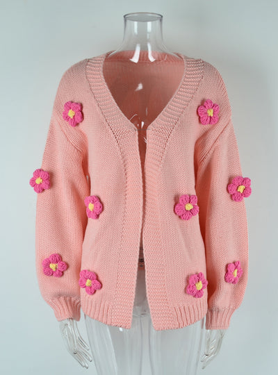 Flower Cardigan Lantern Sleeve Sweater Coat