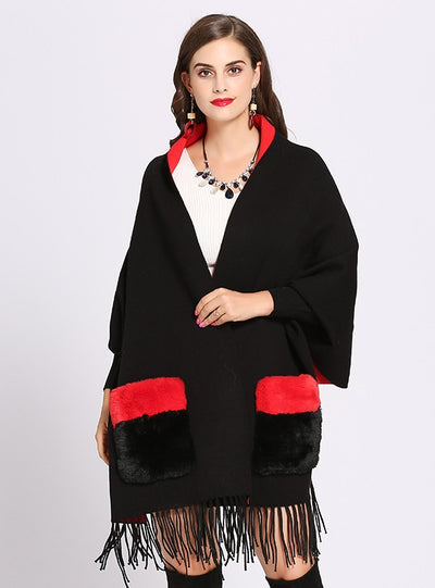 Bat sleeve Double-sided Pocket Fringed Shawl Cloak