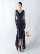 Hi Lo V-neck Sequins Beading Prom Dress