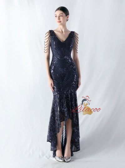 Hi Lo V-neck Sequins Beading Prom Dress