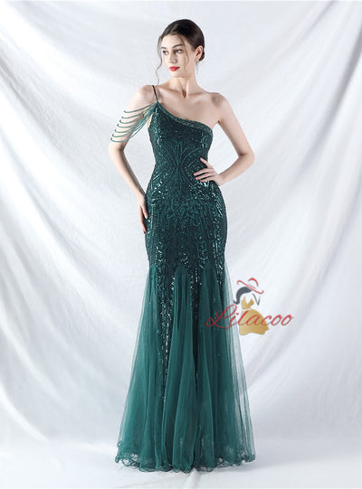 One Shoulder Sequins Beading Prom Dress