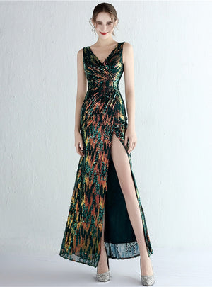 Mermaid V-neck Sequins Split Prom Dress
