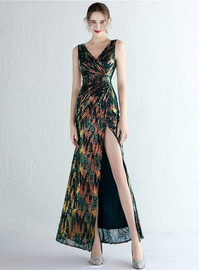 Mermaid V-neck Sequins Split Prom Dress