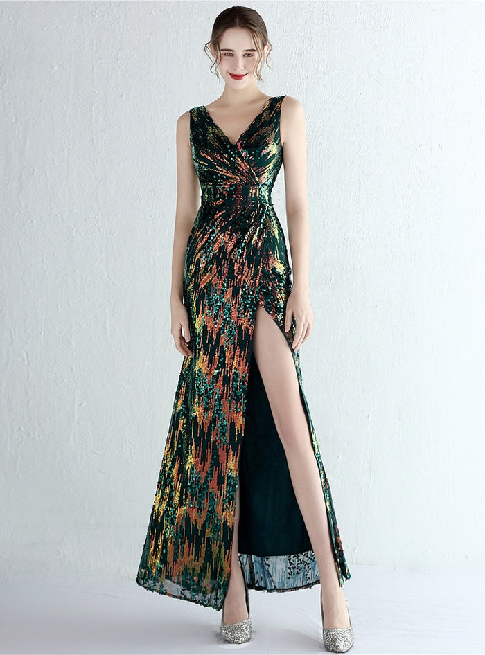 Mermaid V-neck Sequins Split Prom Dress