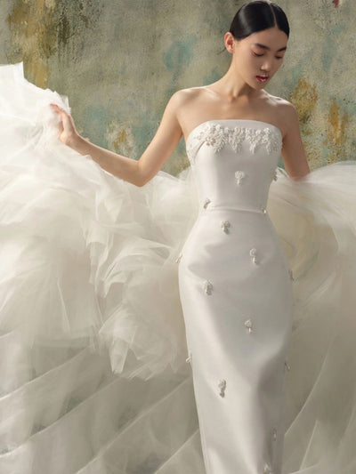 White Satin Tulle Strapless Beading Wedding Dress