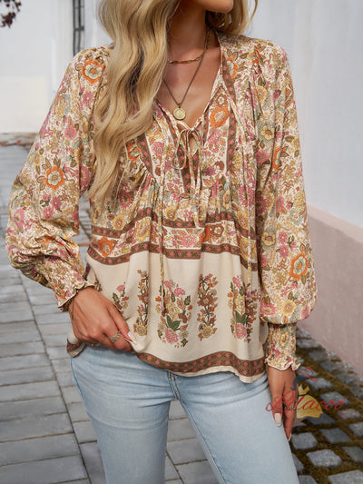 Printed Long-sleeved V-neck Shirt