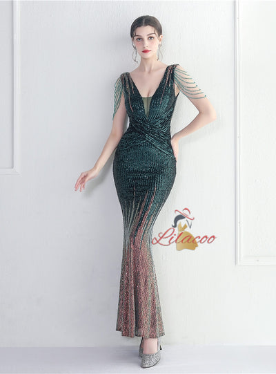 V-neck Sequins Beading Prom Dress