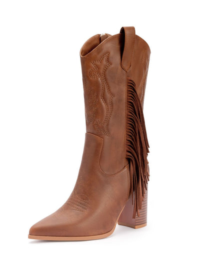 Pointed Embroidered Tassels White Boots