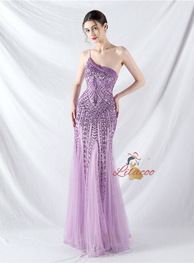 Mermaid Sequins One Shoulder Beading Prom Dress