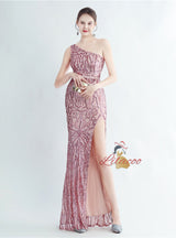 Mermaid One Shoulder Sequins Split Prom Dress