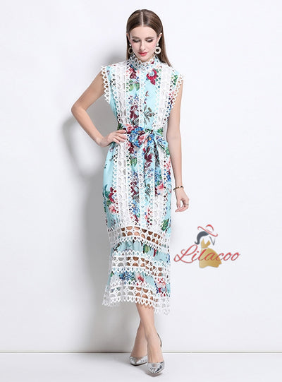 Openwork Lace Stitching Printed Dress