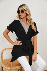 Solid Color Jacquard V-neck Loose Lace Chiffon Top