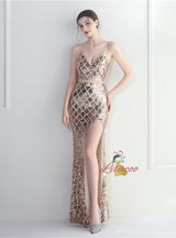 Mermaid Sequins Straps Split Prom Dress