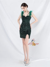 Short Sequins Straps Feather Prom Dress