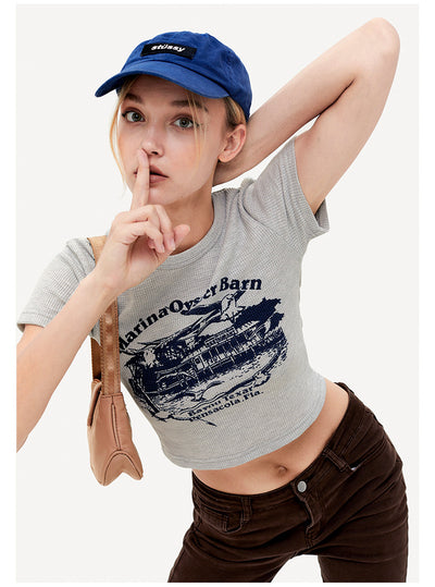 Waffle Plaid Printed Short Sleeve T-shirt