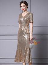 Burgundy Sequins Short Sleeve Mother Of The Bride Dress