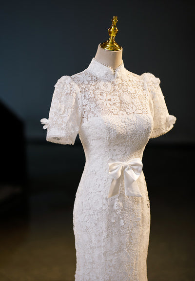 White Lace Short Sleeve Wedding Dress