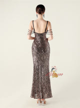 V-neck Mermaid Sequins Spaghetti Straps Beading Prom Dress