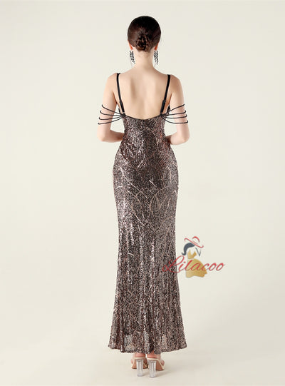 V-neck Mermaid Sequins Spaghetti Straps Beading Prom Dress