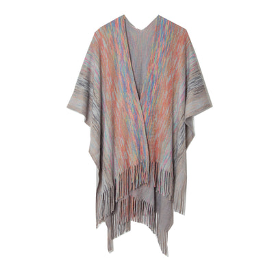 Gradient Knitted Fringed Split Shawl
