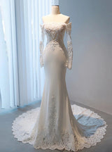 White Mermaid Long Sleeve Appliques Wedding Dress