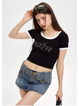 Short Letter Rhinestone Short Sleeve T-shirt