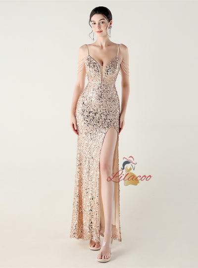 Mermaid Sequins Spaghetti Straps Beading Prom Dress