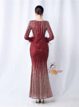 Burgundy Long Sleeve Sequins Prom Dress