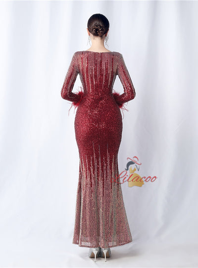 Burgundy Long Sleeve Sequins Prom Dress