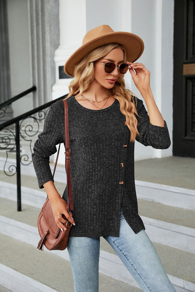 Round Neck Button Split Long Sleeve T-shirt