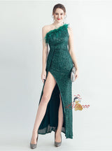 One Shoulder Sequins Split Prom Dress