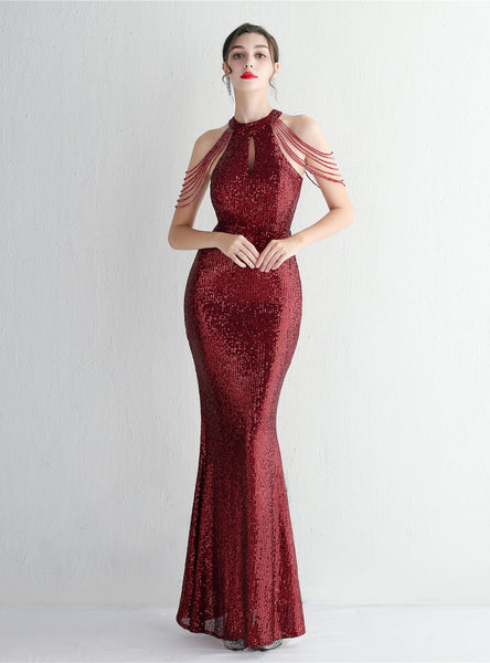 Mermaid Sequins Halter Beading Prom Dress