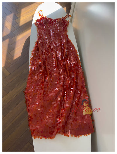 Orange Sequins Straps Long Prom Dress