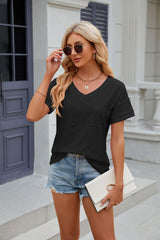 Solid Color Pocket V-neck Short Sleeve T-shirt