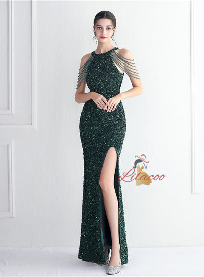 Halter Mermaid Sequins Split Beading Prom Dress