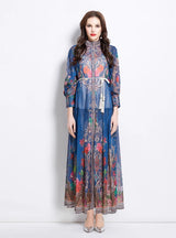 Retro Stand-up Button Printed Dress