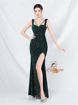 Sequins Split Straps Sleeveless Prom Dress