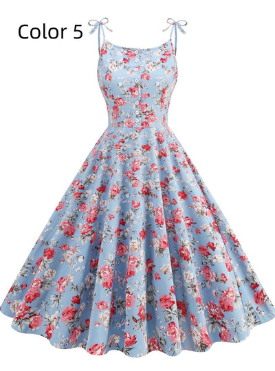 Women Straps Pocket Retro Print Dress