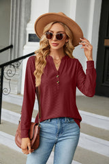 Solid Color V-neck Button Long Sleeve T-shirt