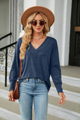 V-neck Loose Long Sleeve Button T-shirt