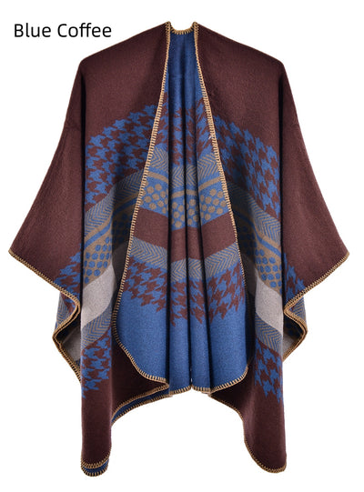 Retro Cashmere Striped Houndstooth Cloak Scarf