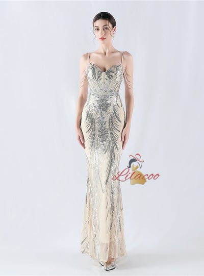 Spaghetti Straps Sequins Beading Prom Dress