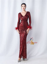 Long Sleeve V-neck Mermaid Sequins Prom Dress