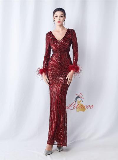 Long Sleeve V-neck Mermaid Sequins Prom Dress