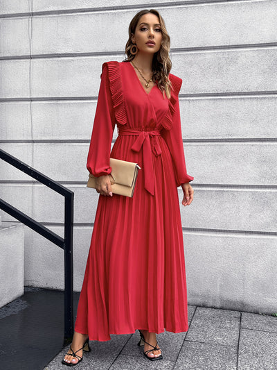 V-neck Pleated Long Sleeve Dress