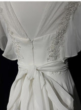 White Chiffon Appliques Pearls Wedding Dress
