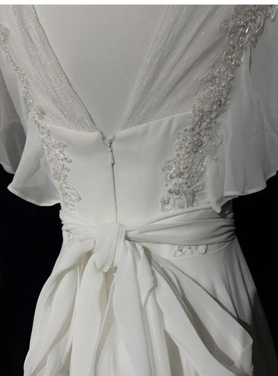 White Chiffon Appliques Pearls Wedding Dress