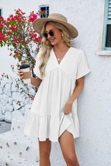Solid Color V-neck Loose Pleated Dress