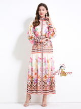 Palace Style Retro Flower Print Long Sleeves Dress